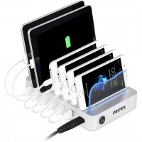 PRITEK USB Charging Station Dock Smart IC 6 Ports Multi Device USB Charger Station Organizer Compatible with Cellphone Tablet Power Bank MP3 MP4 and other USB Enabled Gadget (no USB cables, Silver)