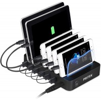 PRITEK USB Charging Station Dock Smart IC 6 Ports Multi Device USB Charger Station Organizer Compatible with Cellphone Tablet Power Bank MP3 MP4 and other USB Enabled Gadget (no USB cables, Black)