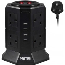 Extension Lead, PRITEK 8 Way Outlets Vertical Tower Power Strip with 4 Smart USB Charging Ports 10A/2500W 1000 Joules Surge Protector Extension Socket with 2m/6.5ft Extension Cord