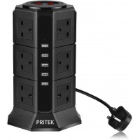 Extension Lead PRITEK 12 Way Outlets 1000J Surge Protector Vertical Power Strip with 5 USB Charging Ports 10A/2500W Overload Protection Extension Socket with 6.5ft Extension Cord